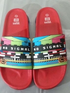Ecko Unltd Red 'No Signal' Manila-08m Slides Mens Size 12 Red W/TV Test Pattern